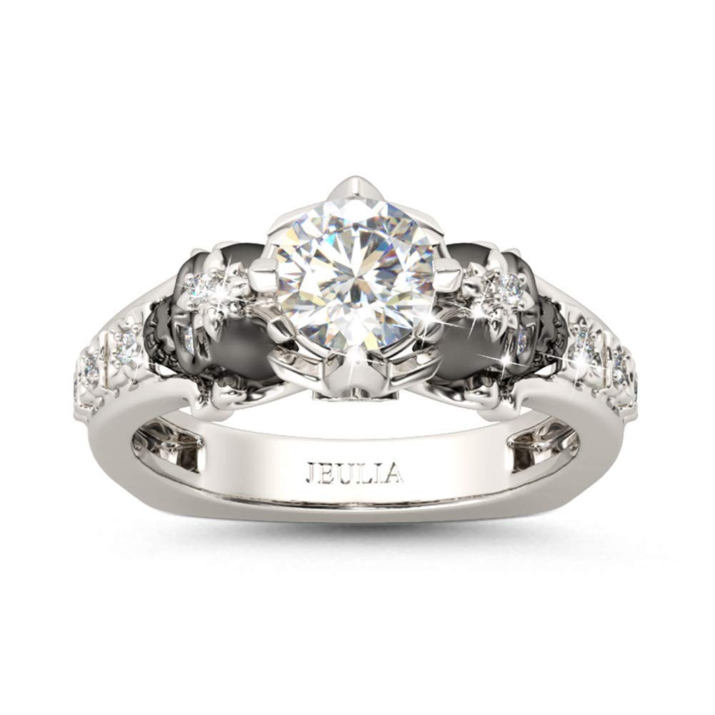 Jeulia 2 Carat Round Cut Diamond Skull Rings for Women Customized Bridal Sterling Silver TwoTone Wedding Band with European Shank Wedding Engagement Promise Rings for Her with GiftBox