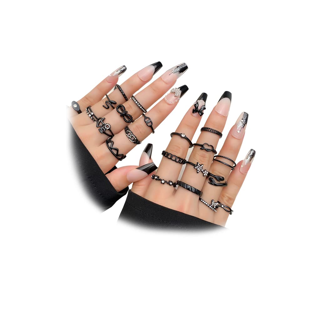 KISS WIFE Gold Silver Black Kunckle Rings Set for Women, Dainty Simple Trendy Cute Stackable Finger Rings Pack, Perfect for Stacking Layering on Thumb and Knuckle, Mixed Size, Jewelry Gift