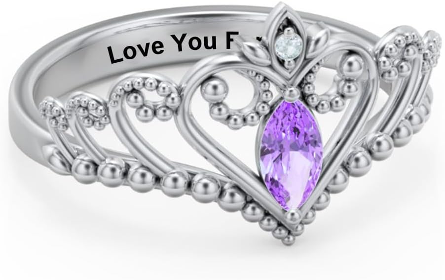 Birthstone Ring 925 Sterling Silver Crown Rings Personalized Heart Tiara Ring Customized Promise Ring for Her Anniversary Birthday Jewelry Gifts for Lover Mom Girlfriend