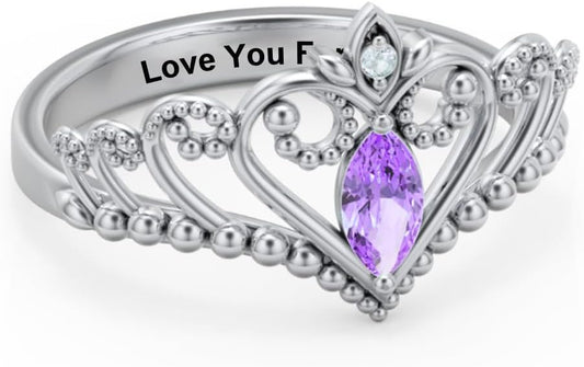 Birthstone Ring 925 Sterling Silver Crown Rings Personalized Heart Tiara Ring Customized Promise Ring for Her Anniversary Birthday Jewelry Gifts for Lover Mom Girlfriend
