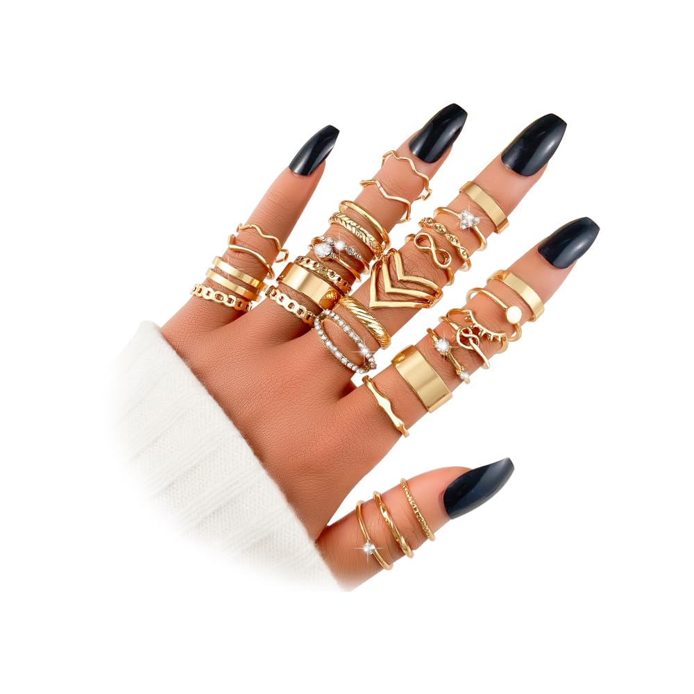 KISS WIFE Gold Silver Black Kunckle Rings Set for Women, Dainty Simple Trendy Cute Stackable Finger Rings Pack, Perfect for Stacking Layering on Thumb and Knuckle, Mixed Size, Jewelry Gift