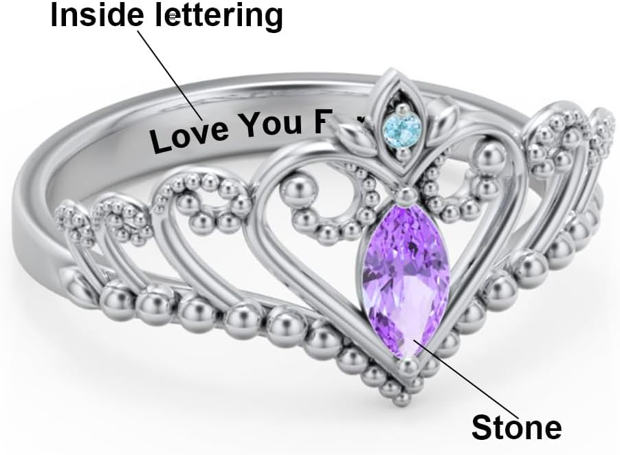Birthstone Ring 925 Sterling Silver Crown Rings Personalized Heart Tiara Ring Customized Promise Ring for Her Anniversary Birthday Jewelry Gifts for Lover Mom Girlfriend