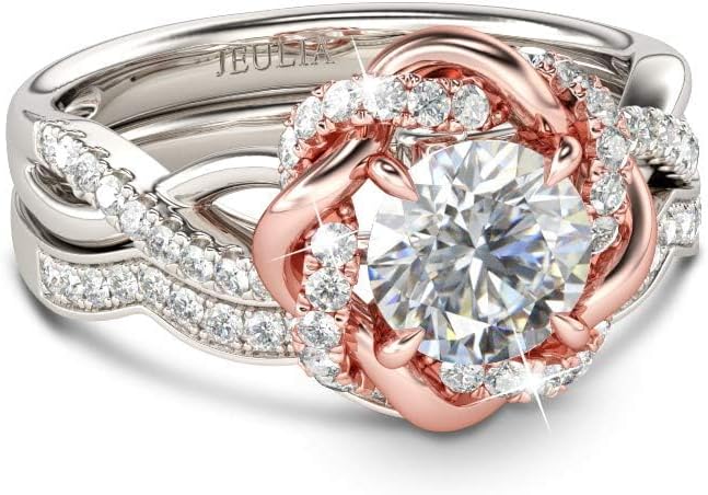 Jeulia Halo Solitaire Engagement Rings for Women Sterling Silver Floral Flower Rings Rose Gold Plated Diamond Ring Round Cut Bridal Ring Set Anniversary Promise Rings for Her