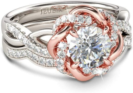 Jeulia Halo Solitaire Engagement Rings for Women Sterling Silver Floral Flower Rings Rose Gold Plated Diamond Ring Round Cut Bridal Ring Set Anniversary Promise Rings for Her