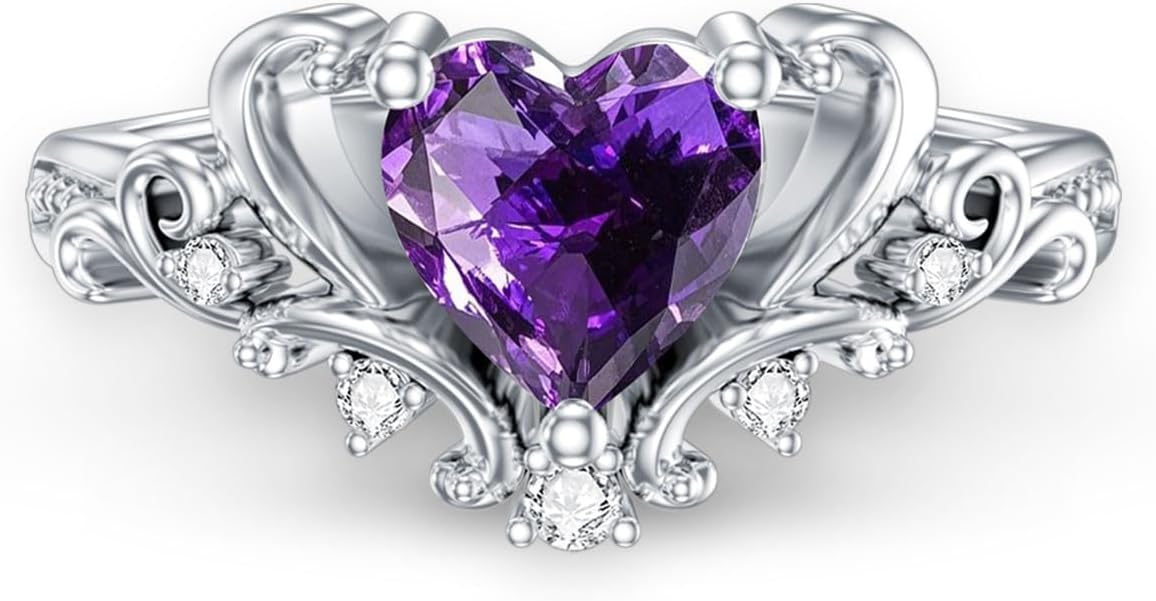 Natural Amethyst Promise Ring for Women 6.5mm Heart Shaped Vintage Inspired Healing Amethyst Rings 925 Sterling Silver