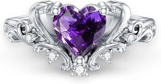 Natural Amethyst Promise Ring for Women 6.5mm Heart Shaped Vintage Inspired Healing Amethyst Rings 925 Sterling Silver