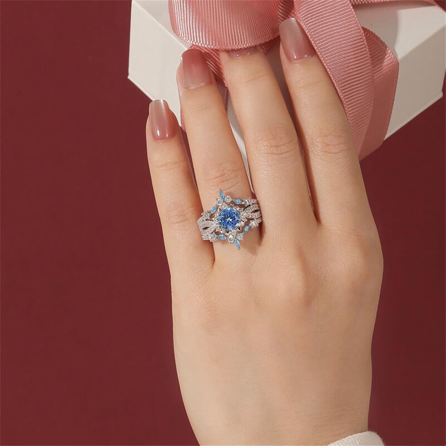 Jeulia 3PCS Interchangeable Engagement Ring Set for Women; 925 Sterling Silver Aquamarine Star and Moon Twist Ring Romantic Wedding Bridal Set with Jewelry Gift Box (Diamond White, 7.5)