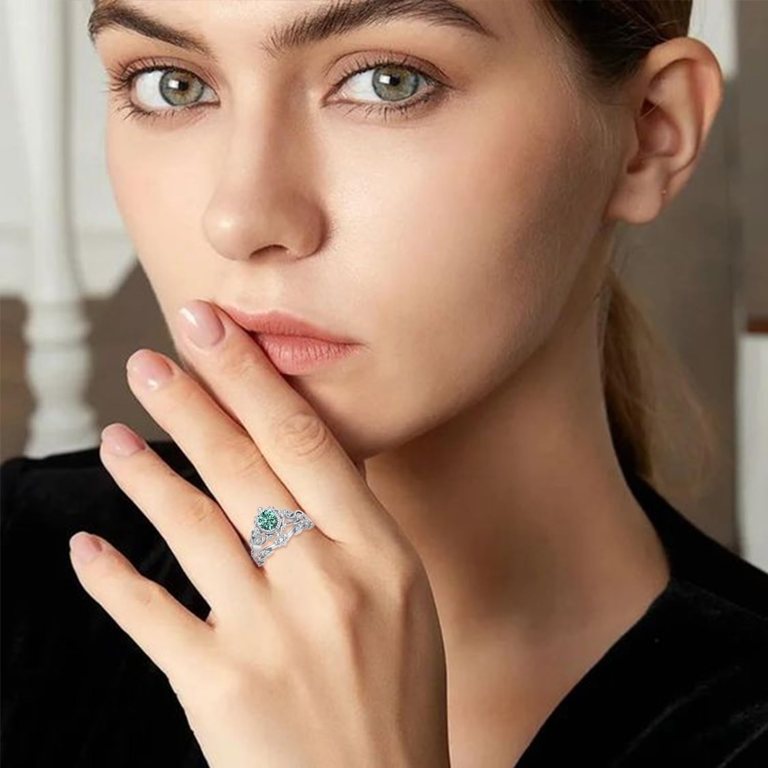 2 Carat(ctw) Oval-Cut Blue Moissanite Engagement Rings Sets for Women,925 Sterling Silver Leaf Halo Wedding Band Sets,Bridal Ring Sets for Anniversary Birthday