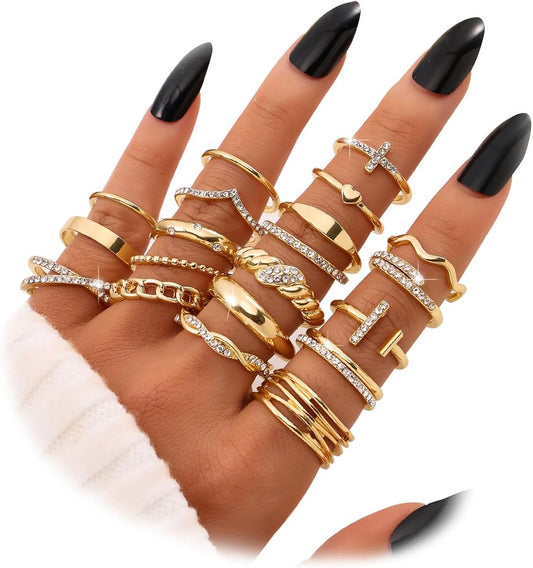 KISS WIFE Gold Silver Black Kunckle Rings Set for Women, Dainty Simple Trendy Cute Stackable Finger Rings Pack, Perfect for Stacking Layering on Thumb and Knuckle, Mixed Size, Jewelry Gift