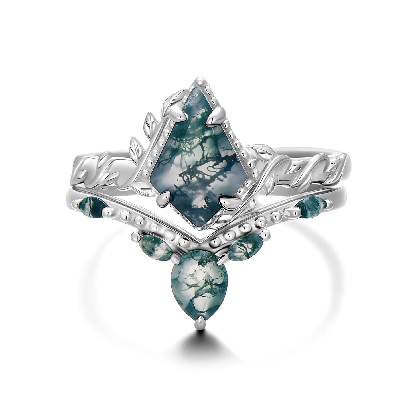 Natural Moss Agate Ring for Women 2CT Oval/Pear/Kite Cut 2 Pieces Engagement Ring Set 10K/14K/18K Solid Gold/Sterling Silve Personalized Wedding Leaf Vintage Bridal Promise Ring for Women