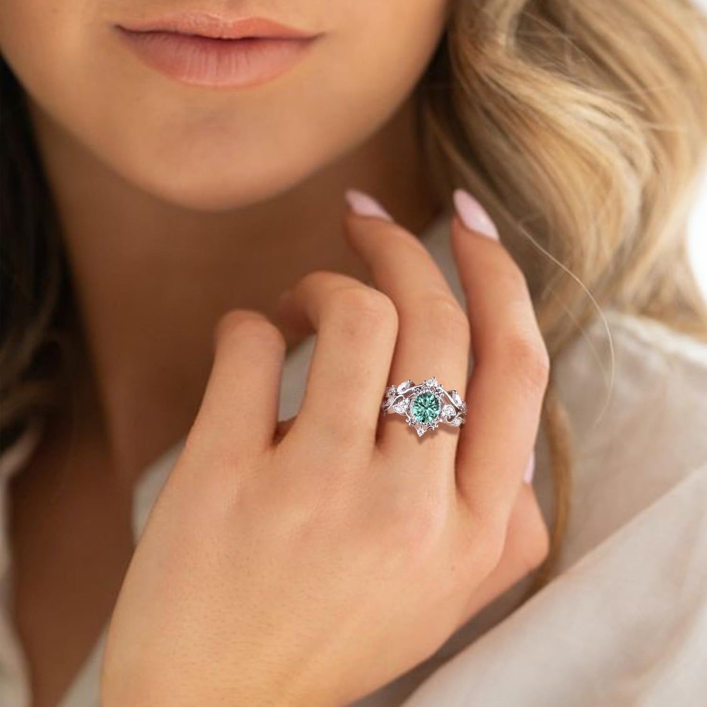 2 Carat(ctw) Oval-Cut Blue Moissanite Engagement Rings Sets for Women,925 Sterling Silver Leaf Halo Wedding Band Sets,Bridal Ring Sets for Anniversary Birthday