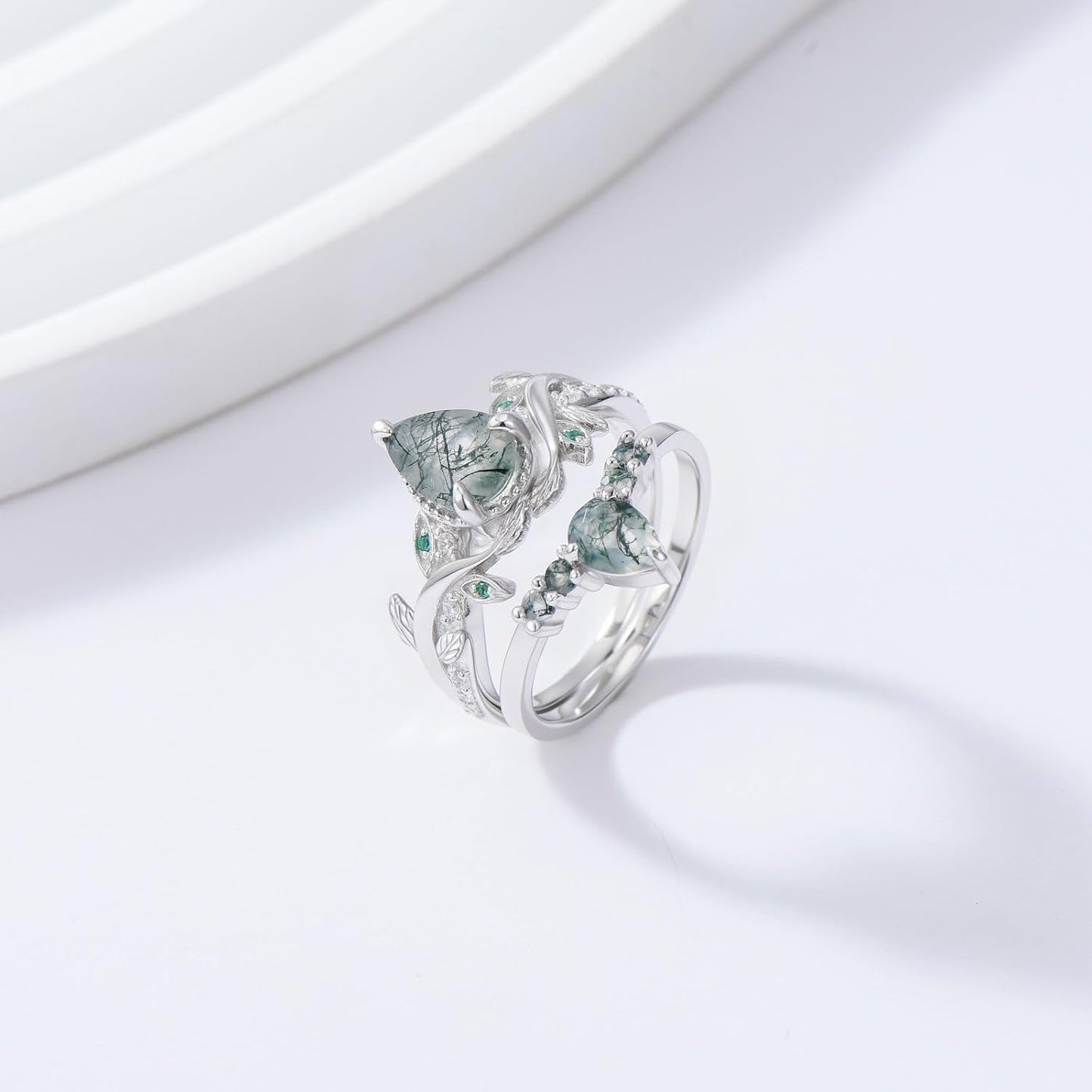 Natural Moss Agate Ring for Women 2CT Oval/Pear/Kite Cut 2 Pieces Engagement Ring Set 10K/14K/18K Solid Gold/Sterling Silve Personalized Wedding Leaf Vintage Bridal Promise Ring for Women