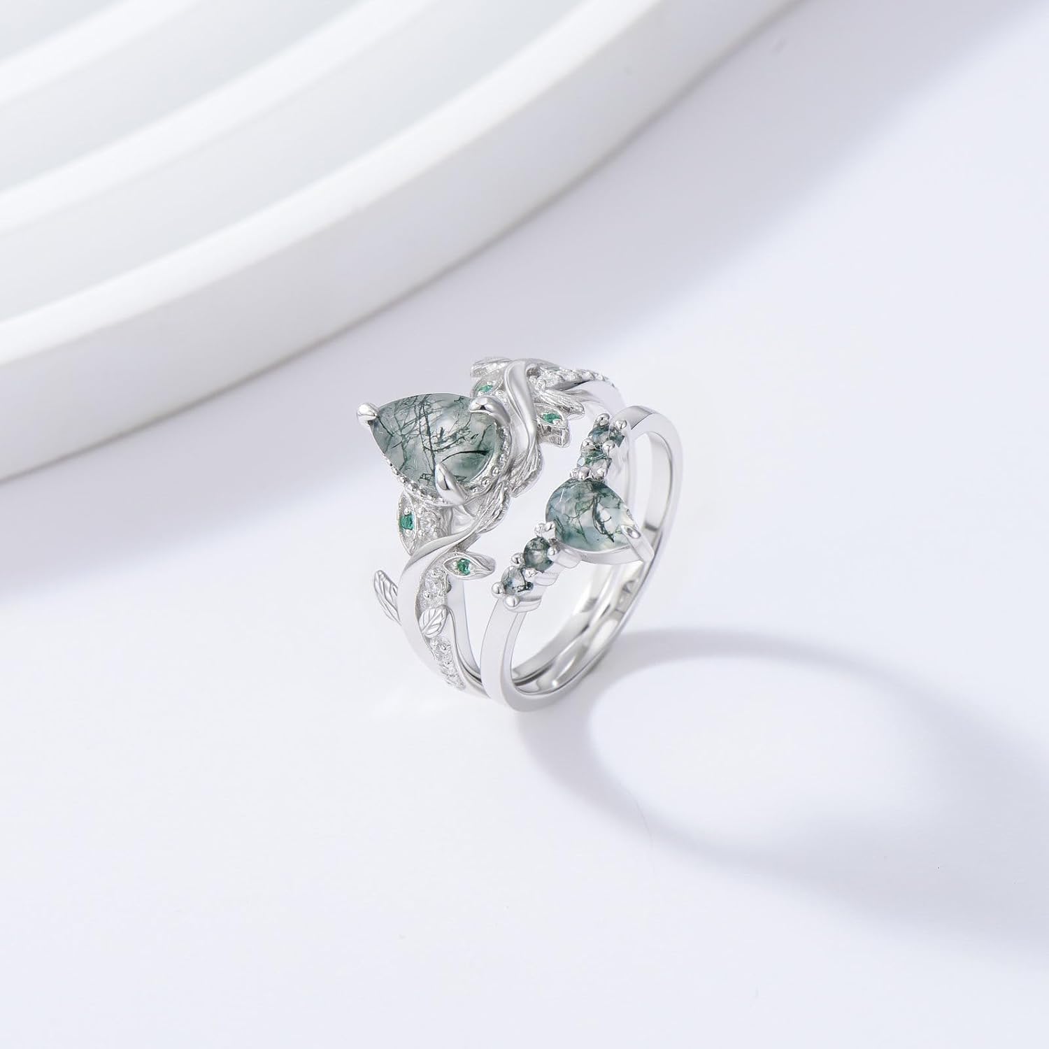 Natural Moss Agate Ring for Women 2CT Oval/Pear/Kite Cut 2 Pieces Engagement Ring Set 10K/14K/18K Solid Gold/Sterling Silve Personalized Wedding Leaf Vintage Bridal Promise Ring for Women