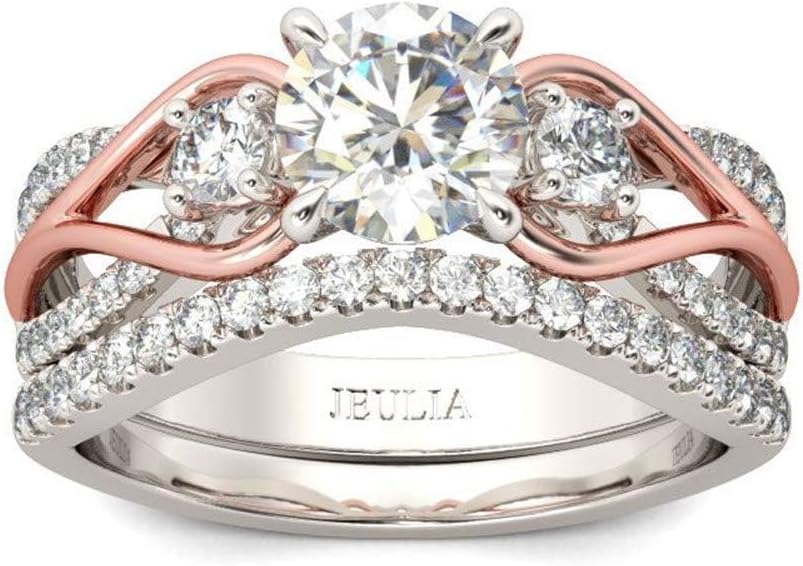 Jeulia Two Tone Rings for Women Rose Gold Three Stone Round Cut Engagement Rings Sterling Silver Halo Bridal Ring Set Anniversary Promise Wedding Ring with Jewelry Gift Box