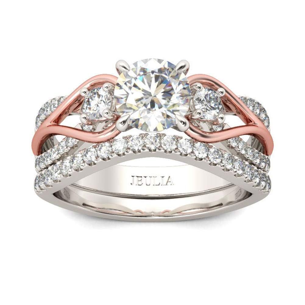 Jeulia Two Tone Rings for Women Rose Gold Three Stone Round Cut Engagement Rings Sterling Silver Halo Bridal Ring Set Anniversary Promise Wedding Ring with Jewelry Gift Box