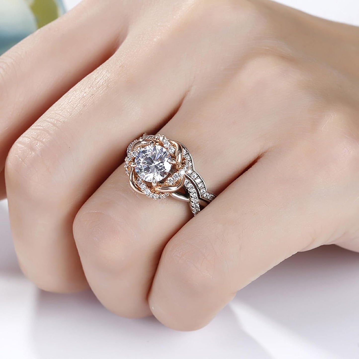 Jeulia Halo Solitaire Engagement Rings for Women Sterling Silver Floral Flower Rings Rose Gold Plated Diamond Ring Round Cut Bridal Ring Set Anniversary Promise Rings for Her