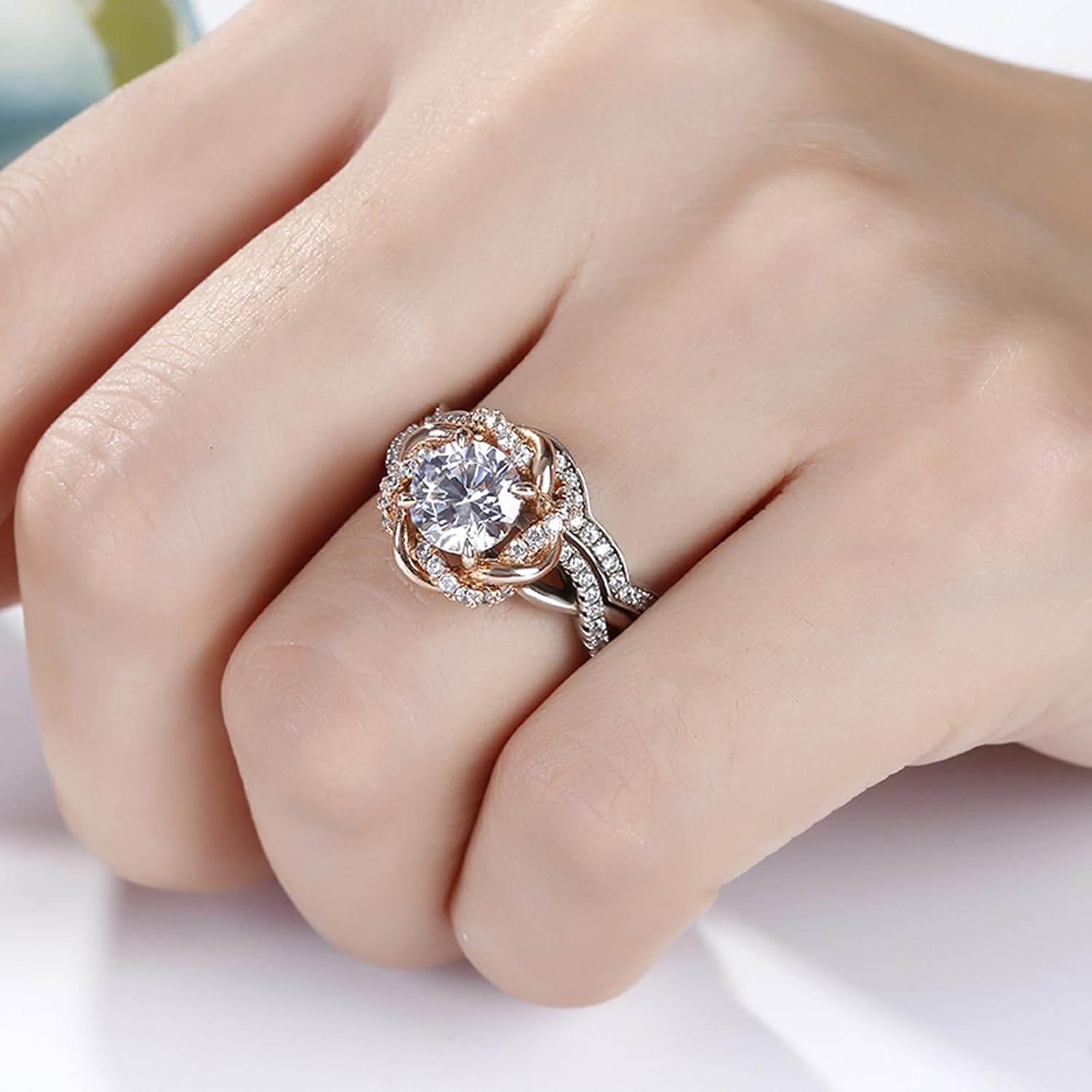 Jeulia Halo Solitaire Engagement Rings for Women Sterling Silver Floral Flower Rings Rose Gold Plated Diamond Ring Round Cut Bridal Ring Set Anniversary Promise Rings for Her