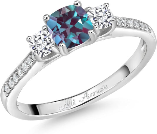 Gem Stone King 925 Sterling Silver Customized and Personalized 5MM and 3MM Cushion Cut Gemstone Birthstone and White Moissanite 3 Stone Name Engraved Engagement Ring For Women