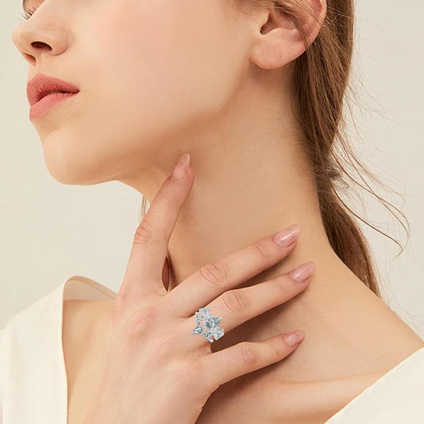 Natural Moss Agate Ring for Women 2CT Oval/Pear/Kite Cut 2 Pieces Engagement Ring Set 10K/14K/18K Solid Gold/Sterling Silve Personalized Wedding Leaf Vintage Bridal Promise Ring for Women