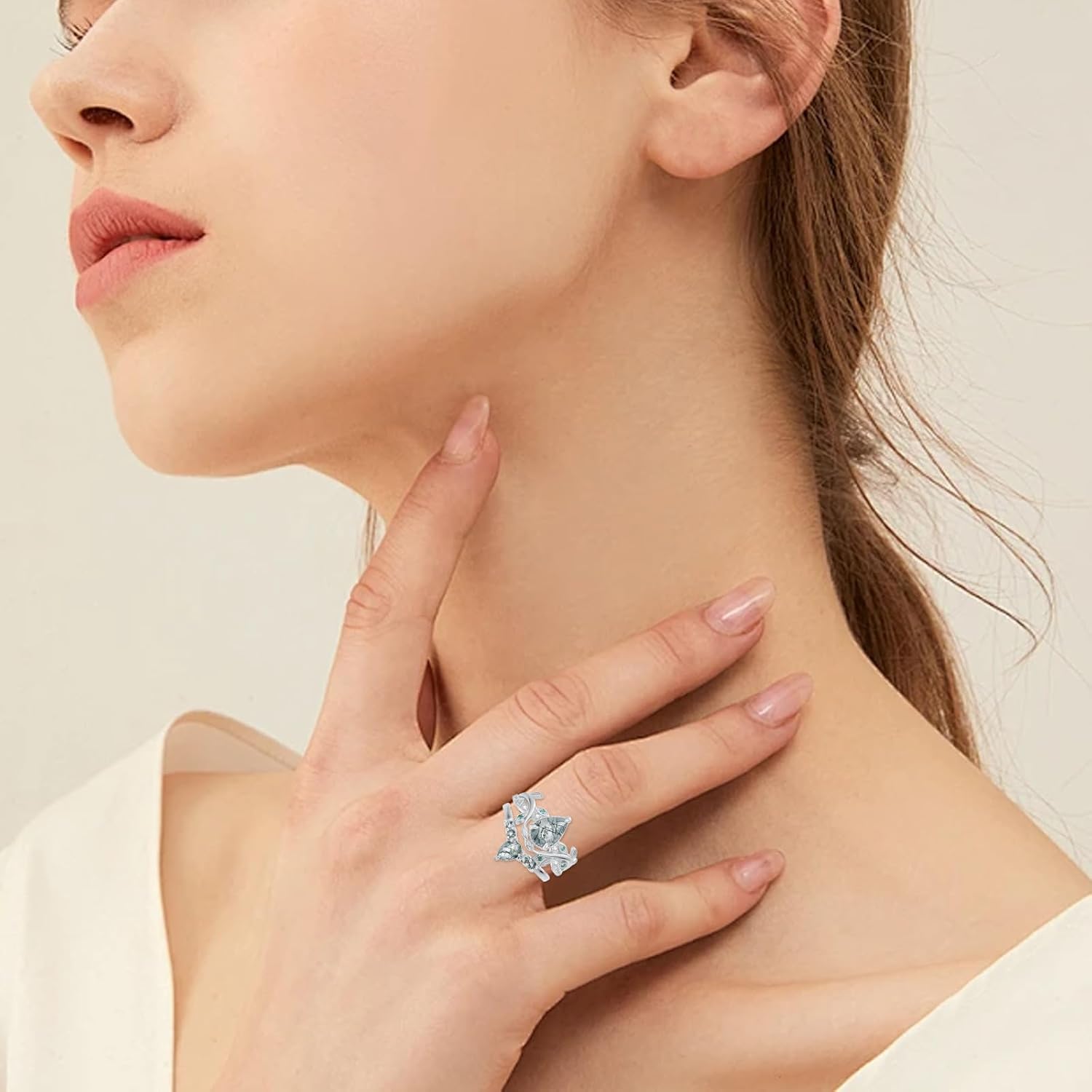 Natural Moss Agate Ring for Women 2CT Oval/Pear/Kite Cut 2 Pieces Engagement Ring Set 10K/14K/18K Solid Gold/Sterling Silve Personalized Wedding Leaf Vintage Bridal Promise Ring for Women