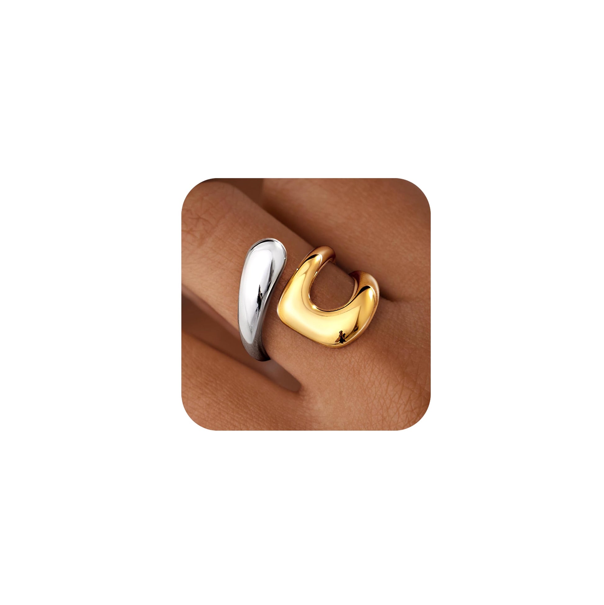 Non Tarnish Gold Chunky Rings for Women, 14K Gold Plated Statement Dome Rings Stacking, Adjustable Mens Silver Eternity Wedding Band Jewelry Size 3-13