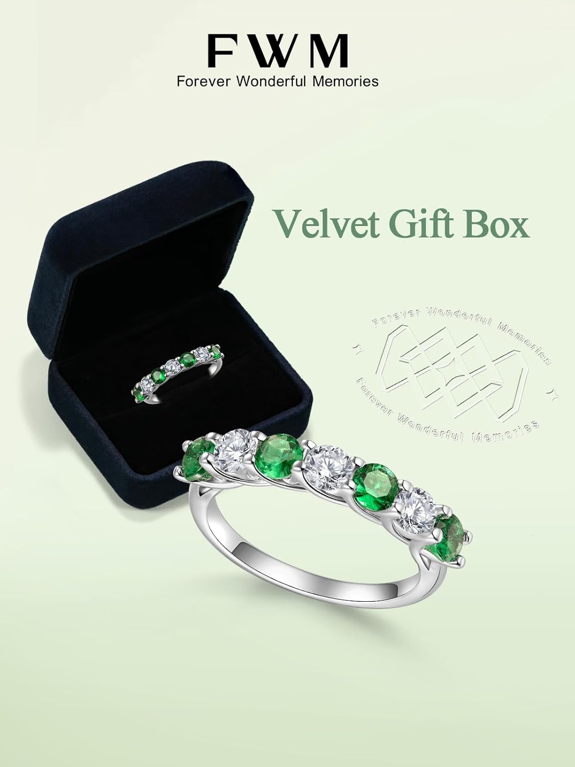 FWM D Color VVS1 Clarity Moissanite and Sapphire/Ruby/Emerald Rings for Women, Solid 925 Sterling Silver, Anniversary Birthday Mothers Day Jewelry Gift, Stackable Wedding Ring, Size 4-11