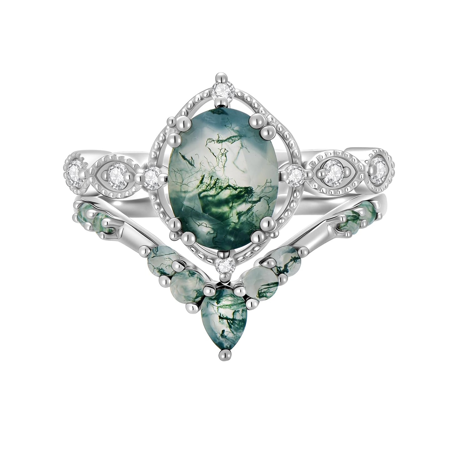 Natural Moss Agate Ring for Women 2CT Oval/Pear/Kite Cut 2 Pieces Engagement Ring Set 10K/14K/18K Solid Gold/Sterling Silve Personalized Wedding Leaf Vintage Bridal Promise Ring for Women
