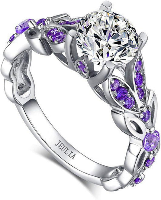 Jeulia 4.3 Carat Personalized Sterling Silver Butterfly Rings for Women Purple Amethyst Bridal Round Cut Wedding Engagement Eternity Valentine's Promise Ring Set