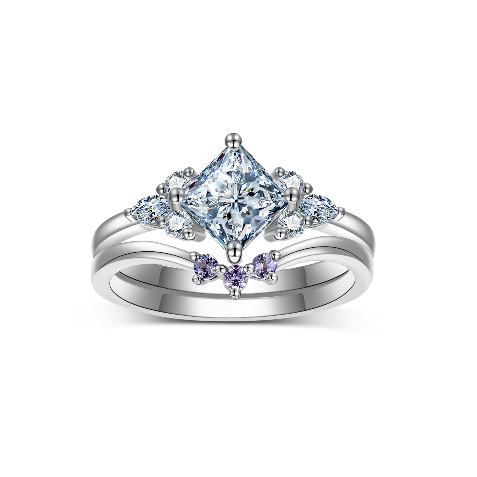 Princess-Cut Moissanite Engagement Rings Sets for Women,10K 14K 18K Solid Gold Amethyst Wedding Bands Sets,Bridal Ring Sets with Free Engraving