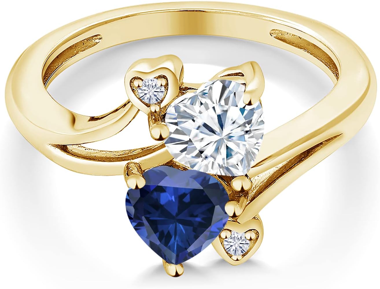 Gem Stone King 18K Yellow Gold Plated Silver Promise Customized Personalized and Engraving 2 Gemstone Birthstone For Her Heart Shape Name Engraved Engagement Ring For Women