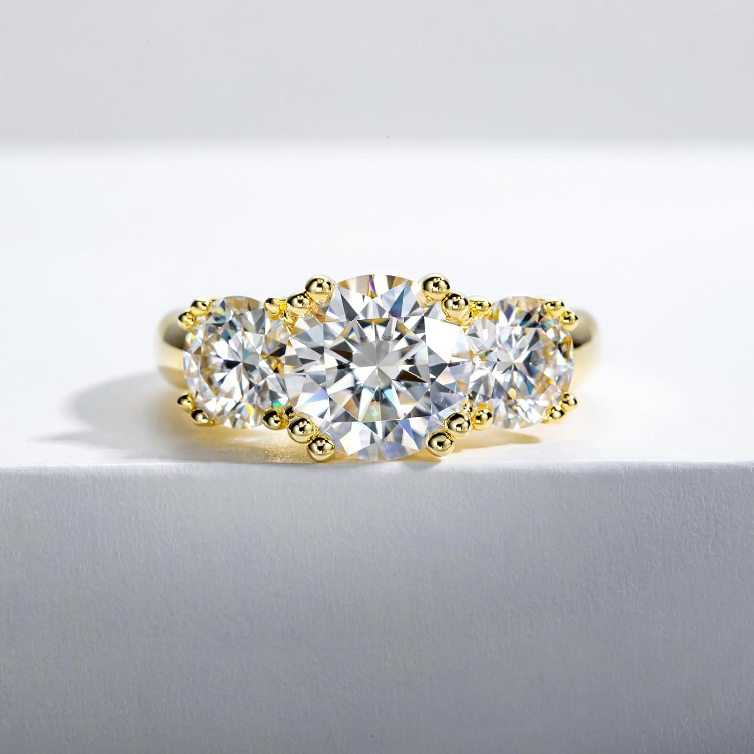 Idocare 3CT/5CT Moissanite Engagement 3 Stone Rings D Color VVS1 Round Cut 14K Yellow Gold Plated 925 Sterling Silver Promise Anniversary Rings for Women