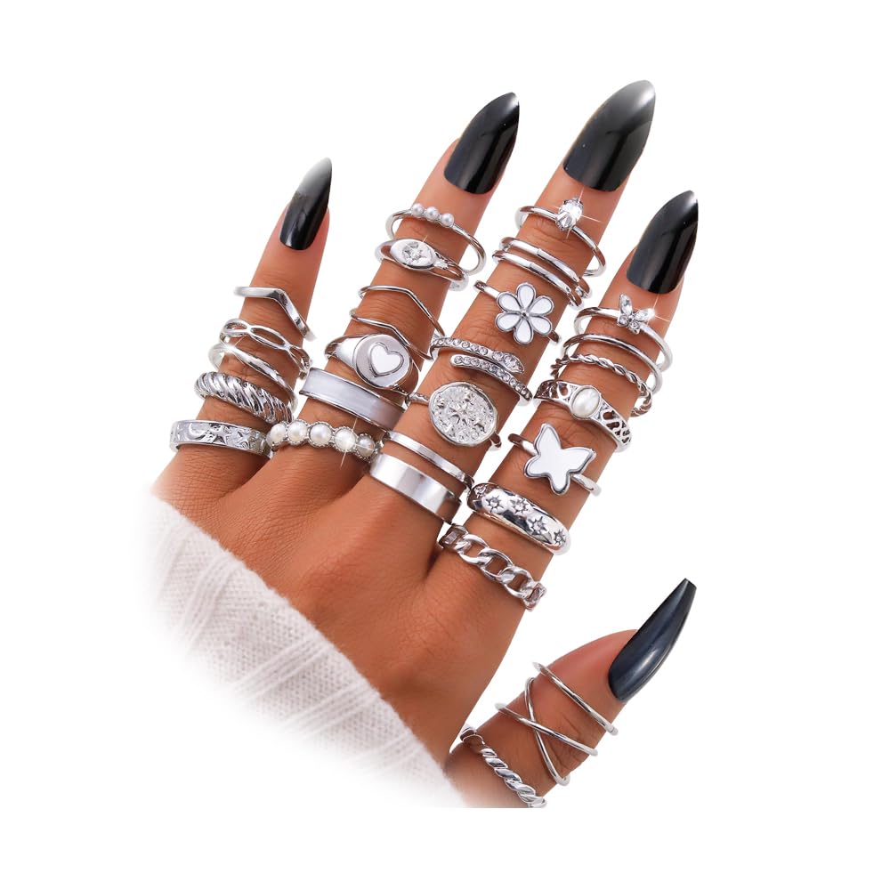 KISS WIFE Gold Silver Black Kunckle Rings Set for Women, Dainty Simple Trendy Cute Stackable Finger Rings Pack, Perfect for Stacking Layering on Thumb and Knuckle, Mixed Size, Jewelry Gift
