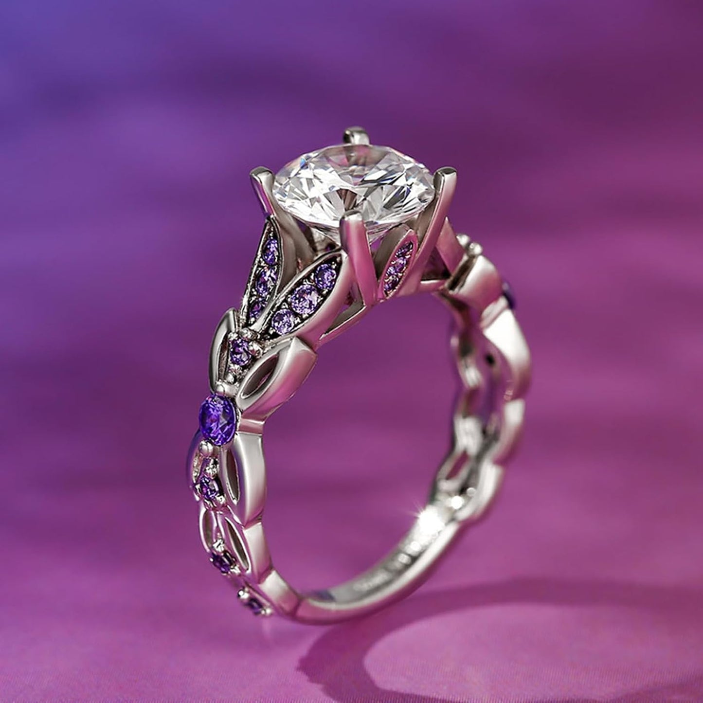 Jeulia 4.3 Carat Personalized Sterling Silver Butterfly Rings for Women Purple Amethyst Bridal Round Cut Wedding Engagement Eternity Valentine's Promise Ring Set