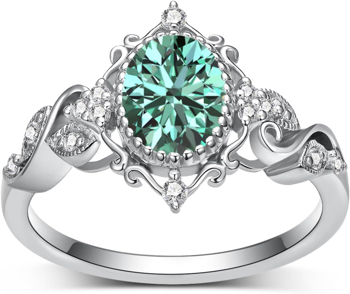 2 Carat(ctw) Oval-Cut Blue Moissanite Engagement Rings Sets for Women,925 Sterling Silver Leaf Halo Wedding Band Sets,Bridal Ring Sets for Anniversary Birthday