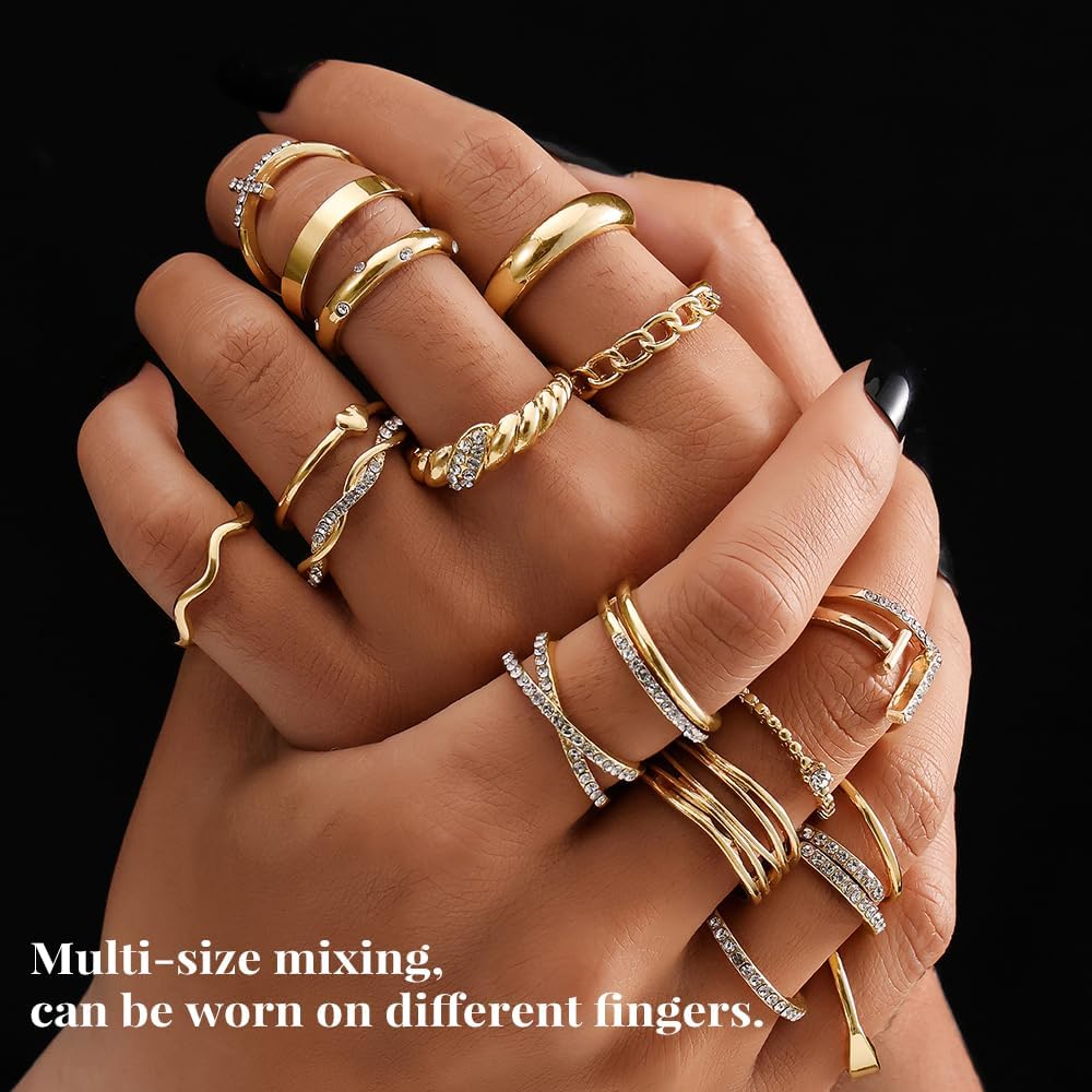 KISS WIFE Gold Silver Black Kunckle Rings Set for Women, Dainty Simple Trendy Cute Stackable Finger Rings Pack, Perfect for Stacking Layering on Thumb and Knuckle, Mixed Size, Jewelry Gift