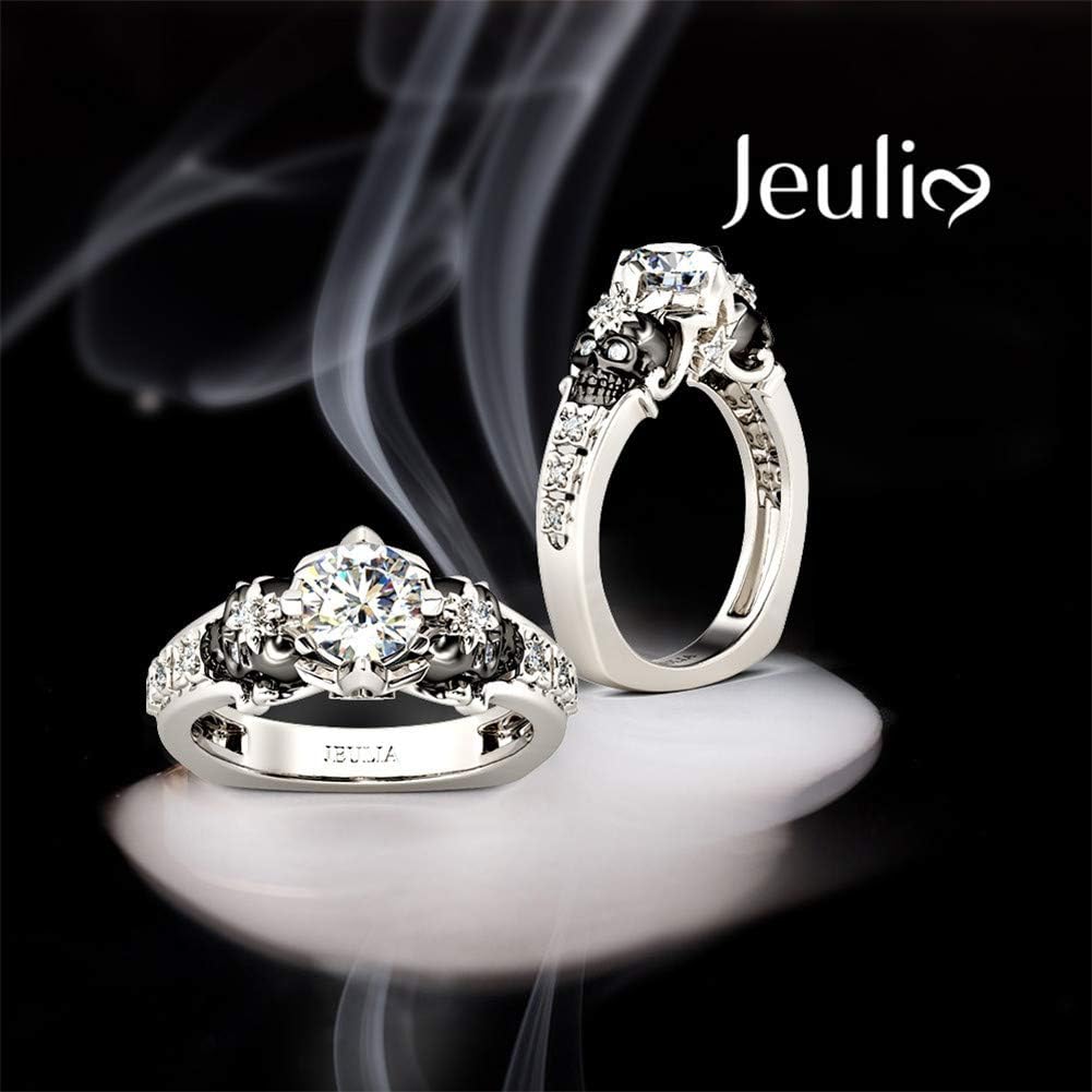 Jeulia 2 Carat Round Cut Diamond Skull Rings for Women Customized Bridal Sterling Silver TwoTone Wedding Band with European Shank Wedding Engagement Promise Rings for Her with GiftBox