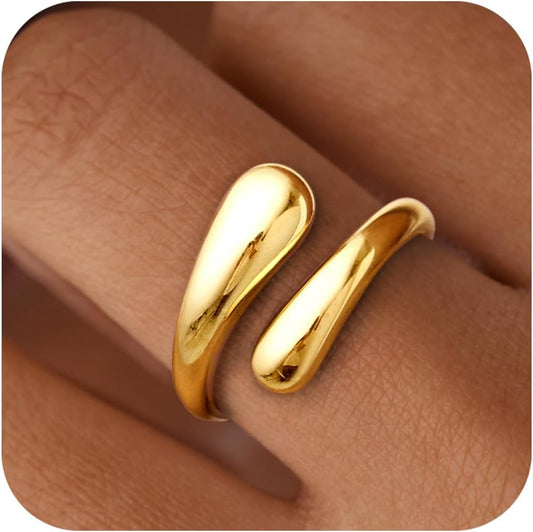 Non Tarnish Gold Chunky Rings for Women, 14K Gold Plated Statement Dome Rings Stacking, Adjustable Mens Silver Eternity Wedding Band Jewelry Size 3-13