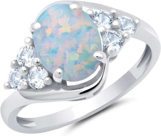 MAX + STONE Gemstone Oval Sunburst Halo Ring for Women in 10k White or Yellow Gold with Created White Sapphire and Birthstone Anniversary Ring Size 5 to 9