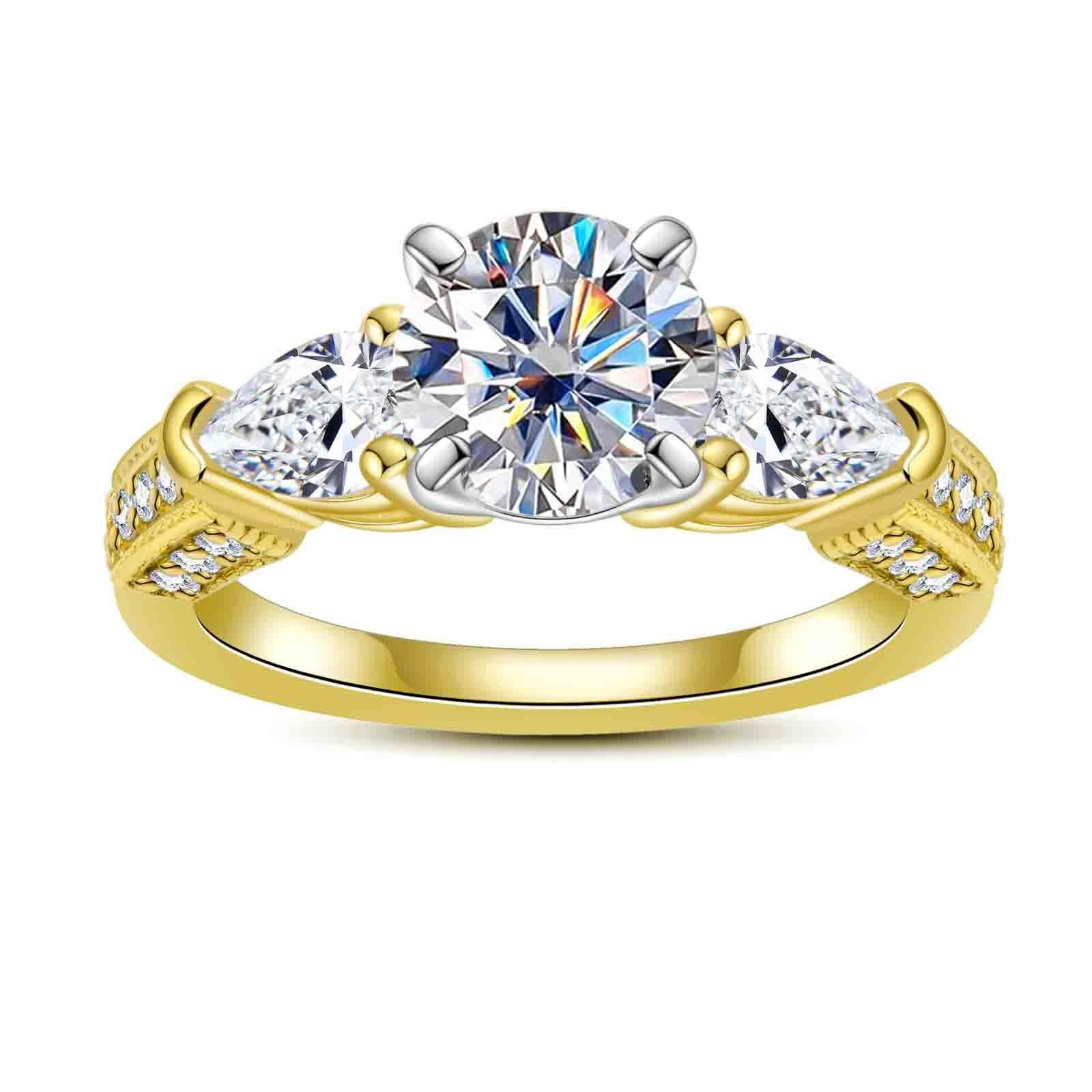 Idocare 3CT/5CT Moissanite Engagement 3 Stone Rings D Color VVS1 Round Cut 14K Yellow Gold Plated 925 Sterling Silver Promise Anniversary Rings for Women