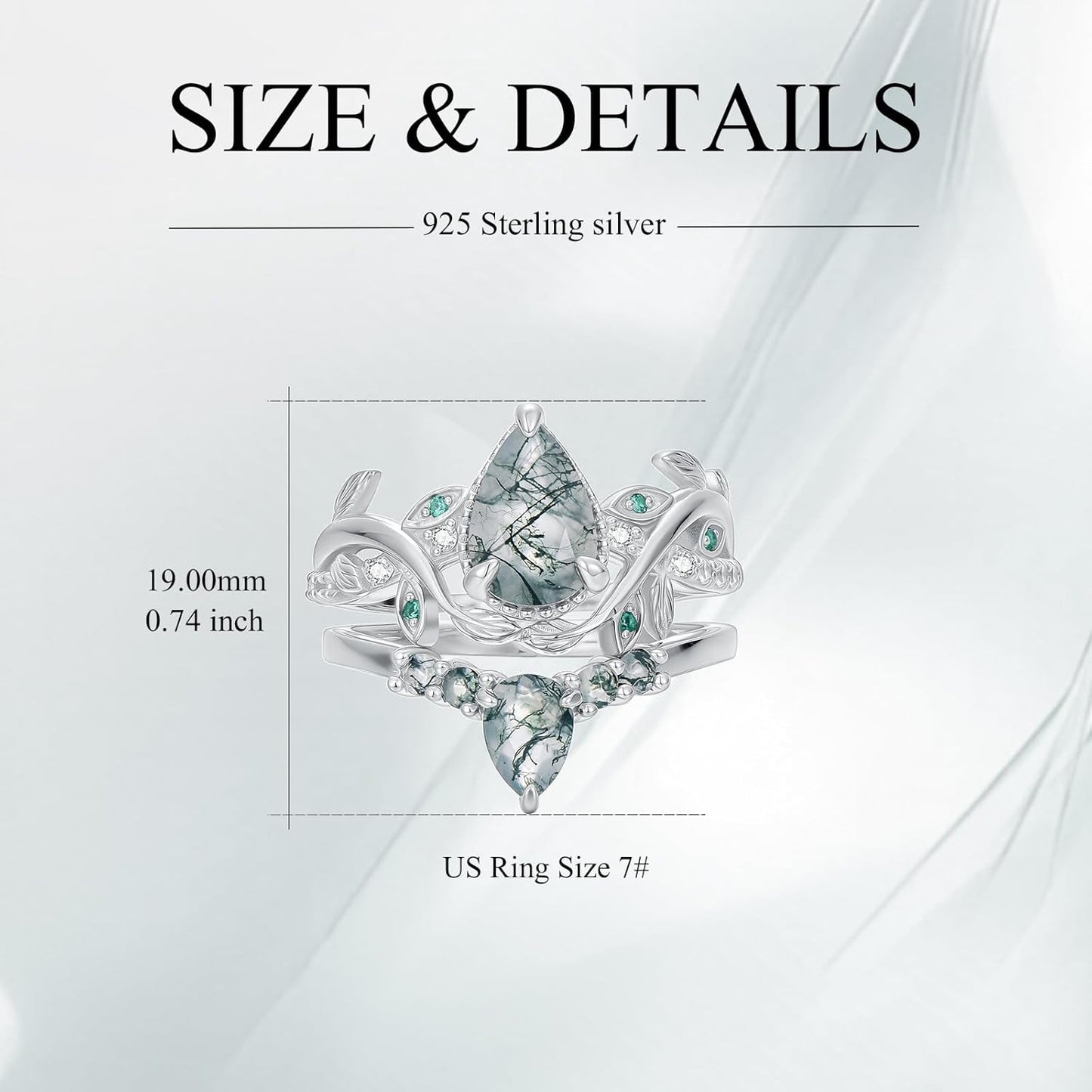Natural Moss Agate Ring for Women 2CT Oval/Pear/Kite Cut 2 Pieces Engagement Ring Set 10K/14K/18K Solid Gold/Sterling Silve Personalized Wedding Leaf Vintage Bridal Promise Ring for Women
