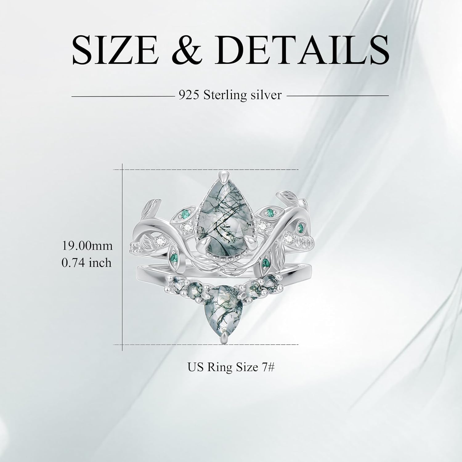 Natural Moss Agate Ring for Women 2CT Oval/Pear/Kite Cut 2 Pieces Engagement Ring Set 10K/14K/18K Solid Gold/Sterling Silve Personalized Wedding Leaf Vintage Bridal Promise Ring for Women