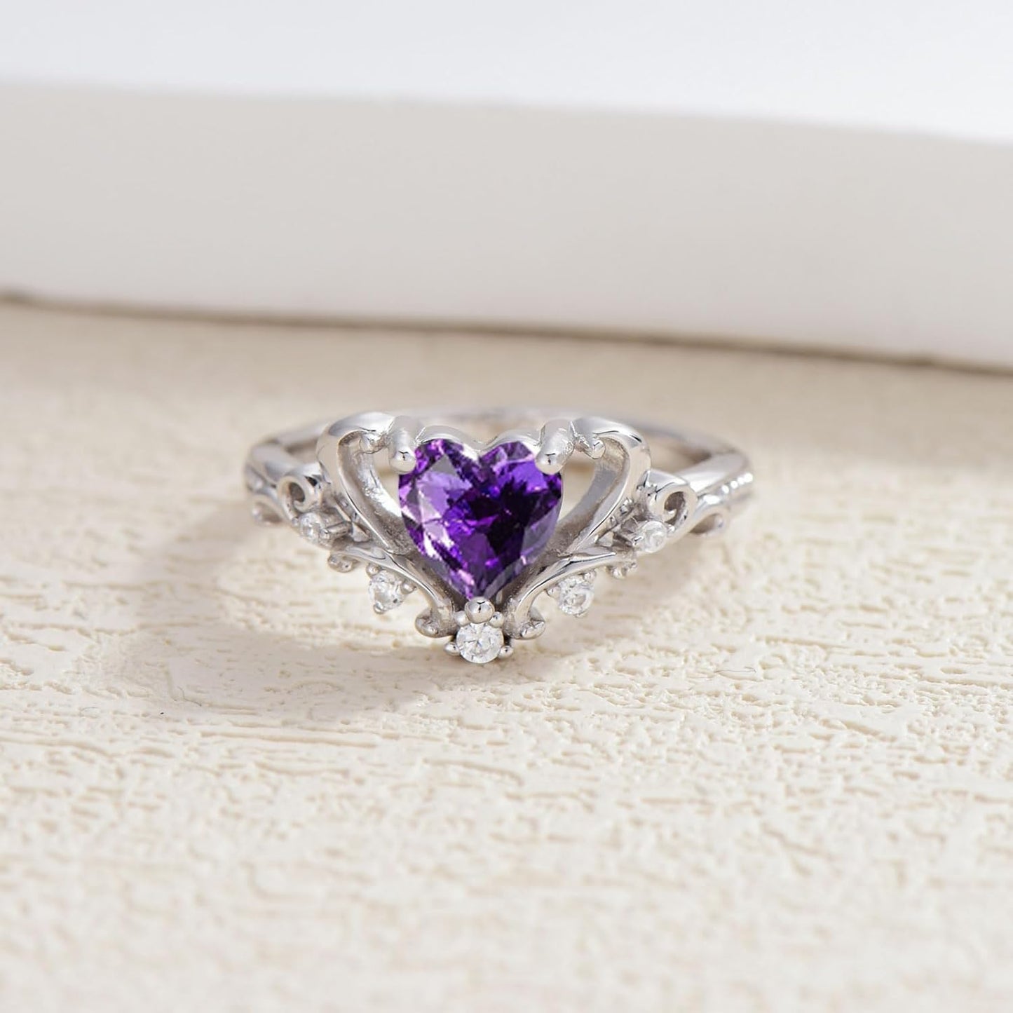 Natural Amethyst Promise Ring for Women 6.5mm Heart Shaped Vintage Inspired Healing Amethyst Rings 925 Sterling Silver