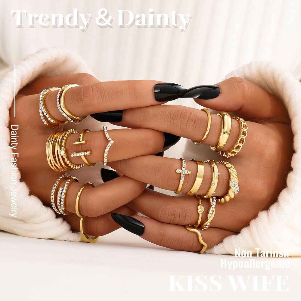 KISS WIFE Gold Silver Black Kunckle Rings Set for Women, Dainty Simple Trendy Cute Stackable Finger Rings Pack, Perfect for Stacking Layering on Thumb and Knuckle, Mixed Size, Jewelry Gift