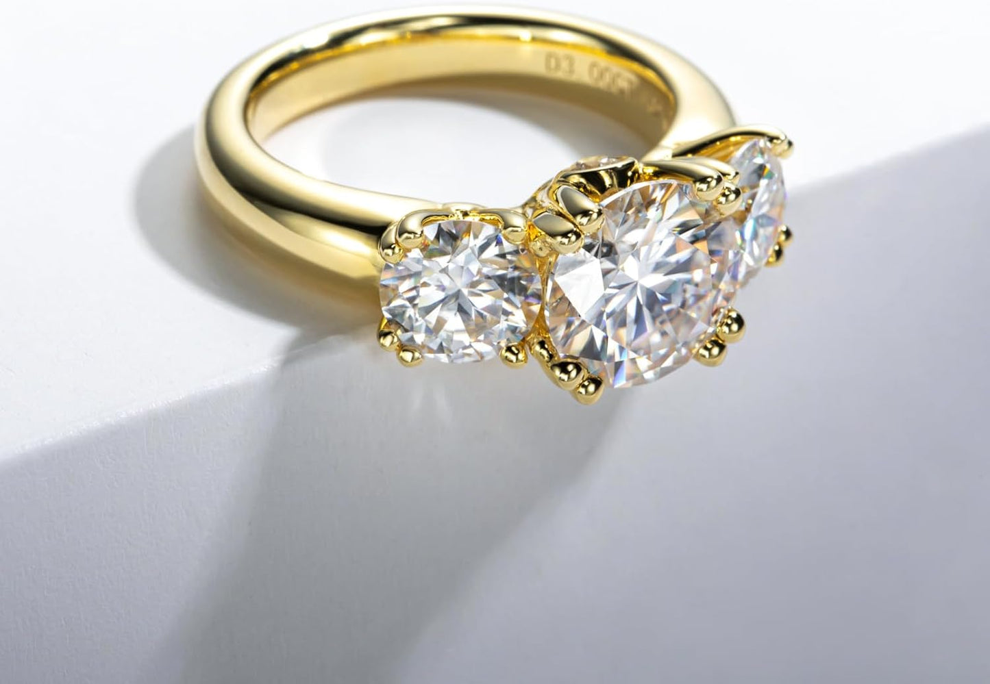 Idocare 3CT/5CT Moissanite Engagement 3 Stone Rings D Color VVS1 Round Cut 14K Yellow Gold Plated 925 Sterling Silver Promise Anniversary Rings for Women