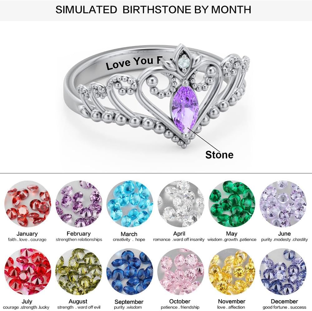 Birthstone Ring 925 Sterling Silver Crown Rings Personalized Heart Tiara Ring Customized Promise Ring for Her Anniversary Birthday Jewelry Gifts for Lover Mom Girlfriend