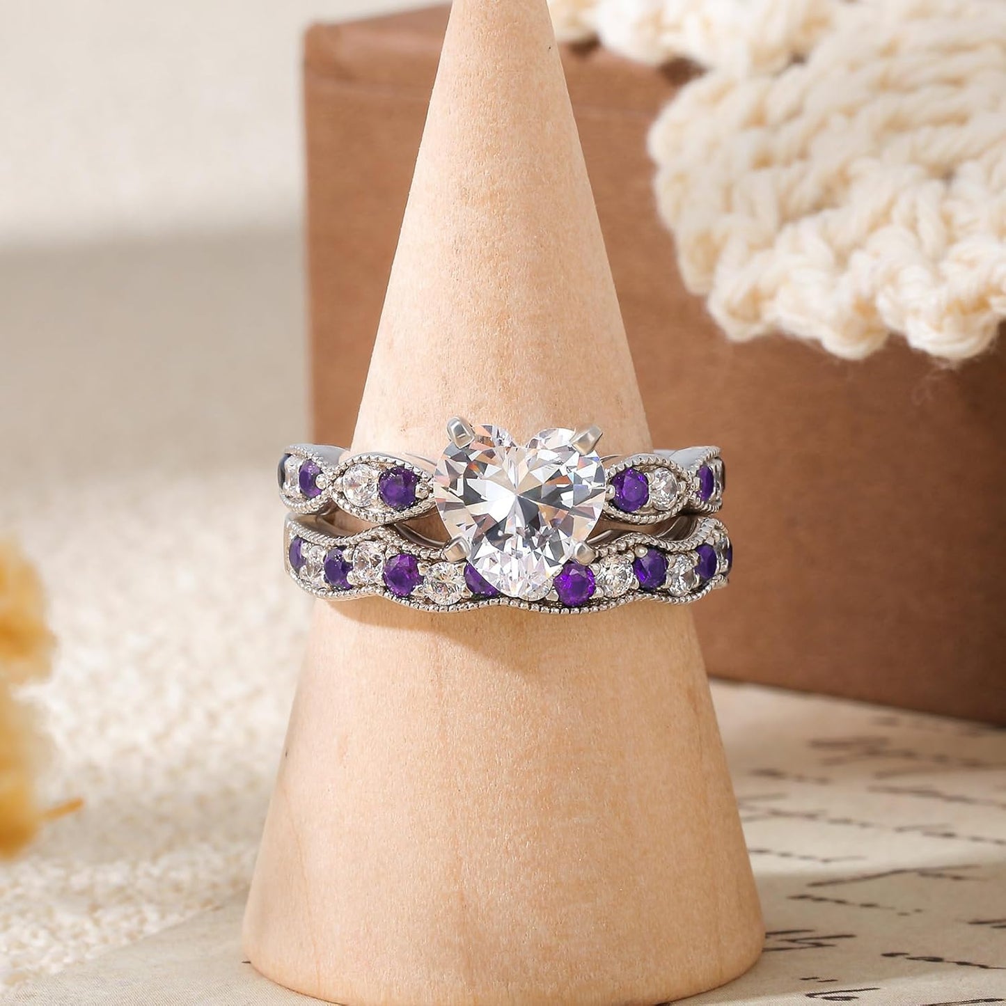 Jeulia 3 Carat CZ Solitaire Engagement Rings Halo Milgrain Heart Cut Sterling Silver Ring Set Promise Engagement Wedding Anniversary Rings Bridal Sets for Women