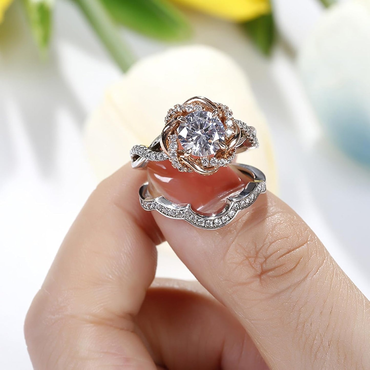 Jeulia Halo Solitaire Engagement Rings for Women Sterling Silver Floral Flower Rings Rose Gold Plated Diamond Ring Round Cut Bridal Ring Set Anniversary Promise Rings for Her