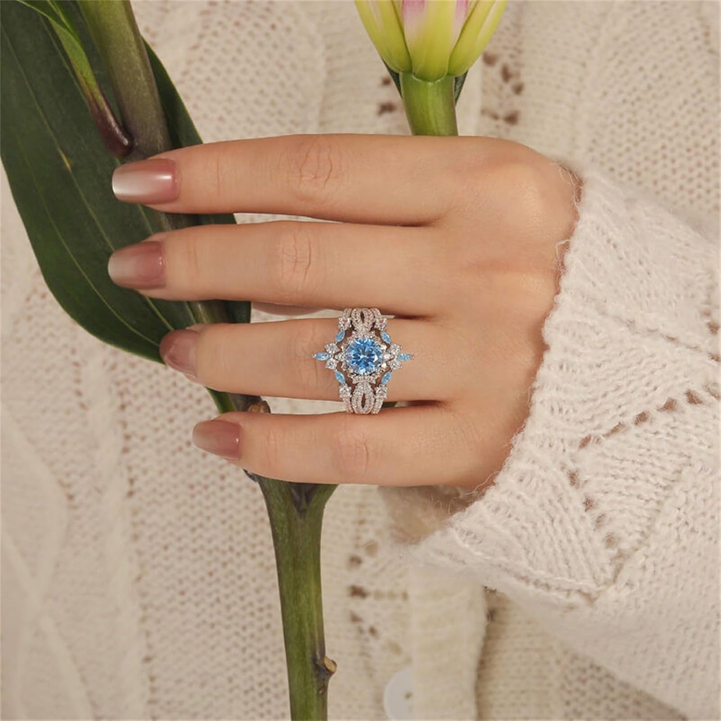 Jeulia 3PCS Interchangeable Engagement Ring Set for Women; 925 Sterling Silver Aquamarine Star and Moon Twist Ring Romantic Wedding Bridal Set with Jewelry Gift Box (Diamond White, 7.5)