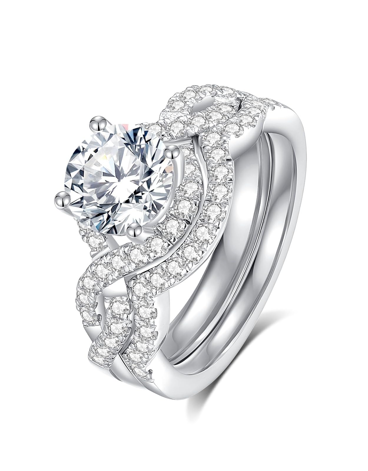 Moissanite Rings for Women Moissanite Bridal Ring Sets Wedding Band Round Cut D Color VVS1 S925 Sterling Silver with 18K White Gold Plated Engagement Promise Valentine's Day Gift