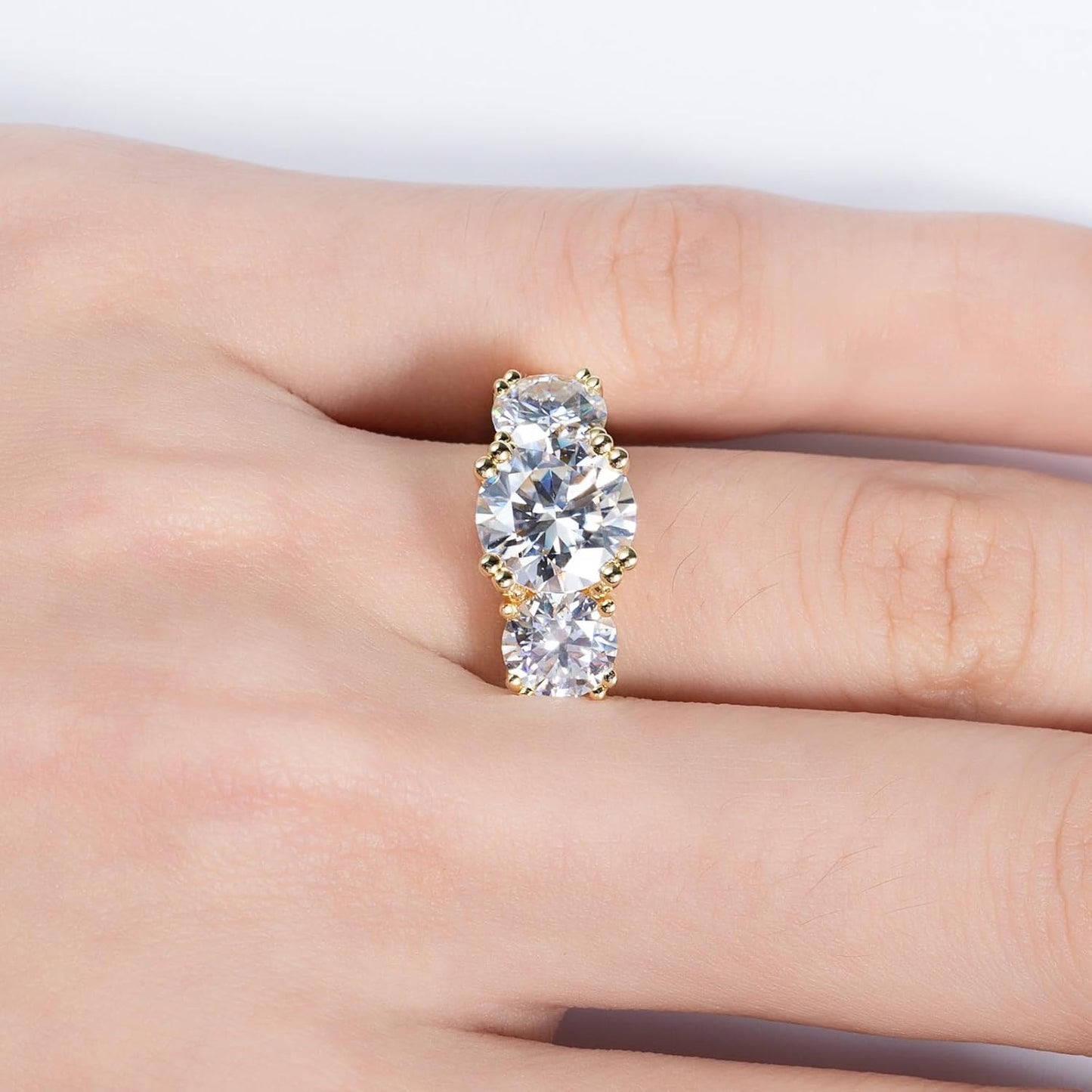Idocare 3CT/5CT Moissanite Engagement 3 Stone Rings D Color VVS1 Round Cut 14K Yellow Gold Plated 925 Sterling Silver Promise Anniversary Rings for Women